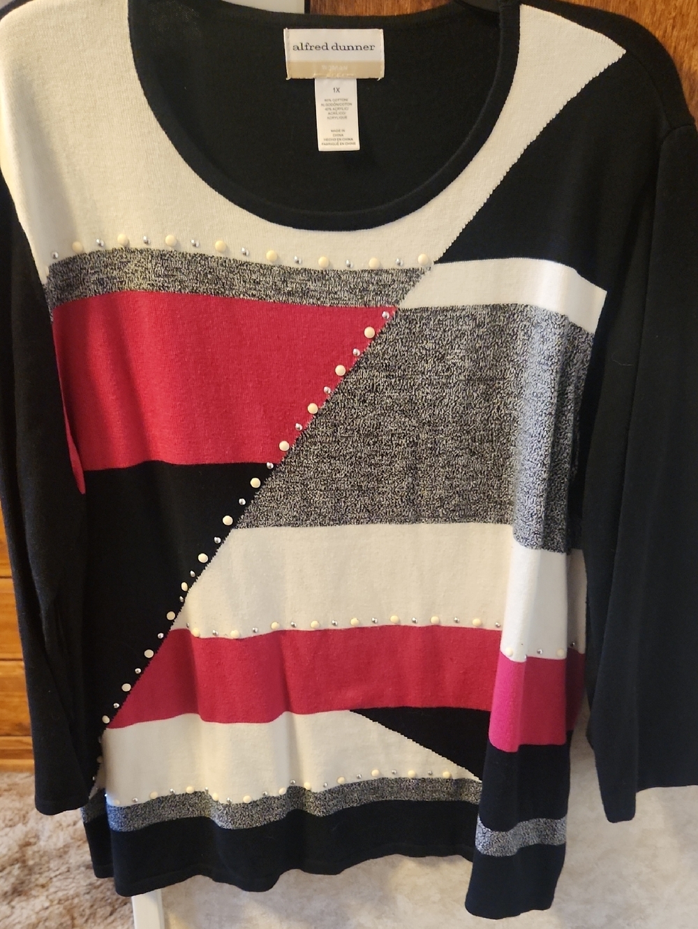Alfred Dunner 1X Black White Pink Geometric Pearl-Accent Sweater List#47